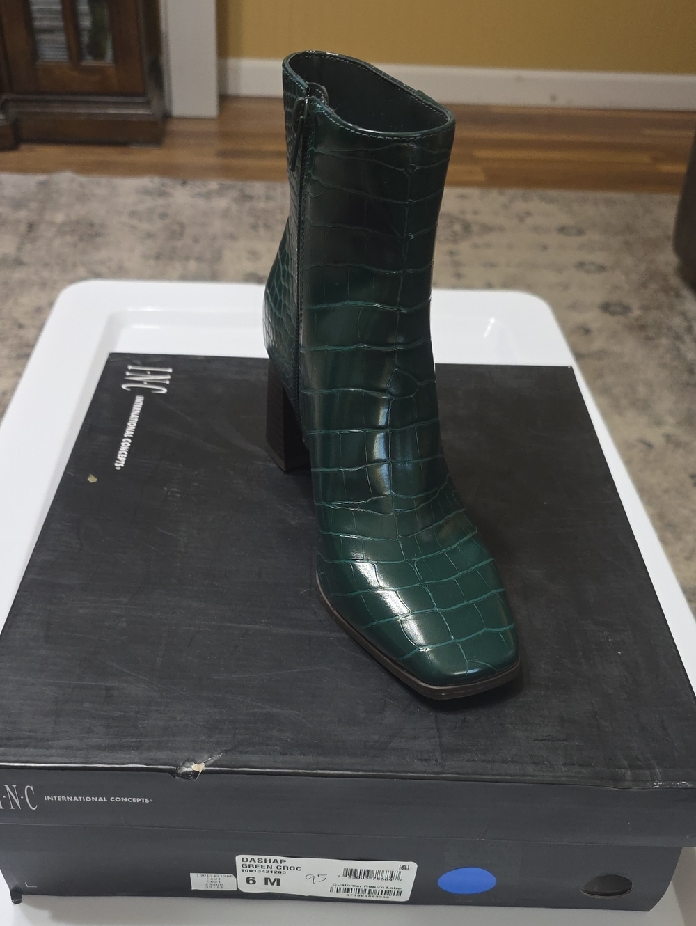 INC International Concepts Dark Green Croc-Embossed Block Heel Ankle Bootie